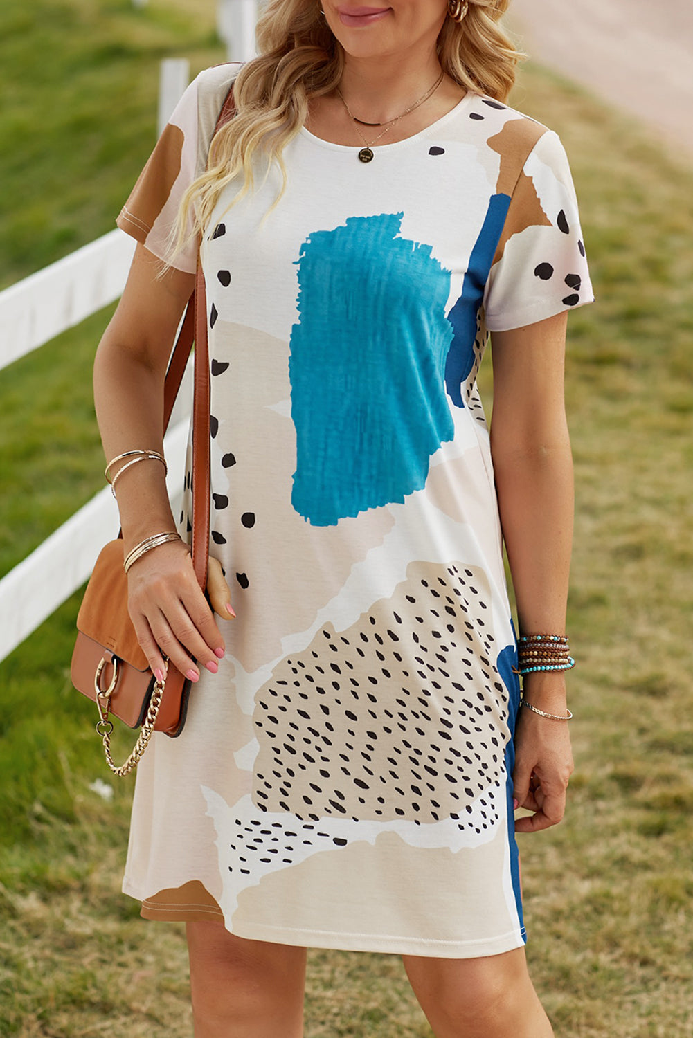 Light Blue Leopard Splicing Color Block Mini Dress