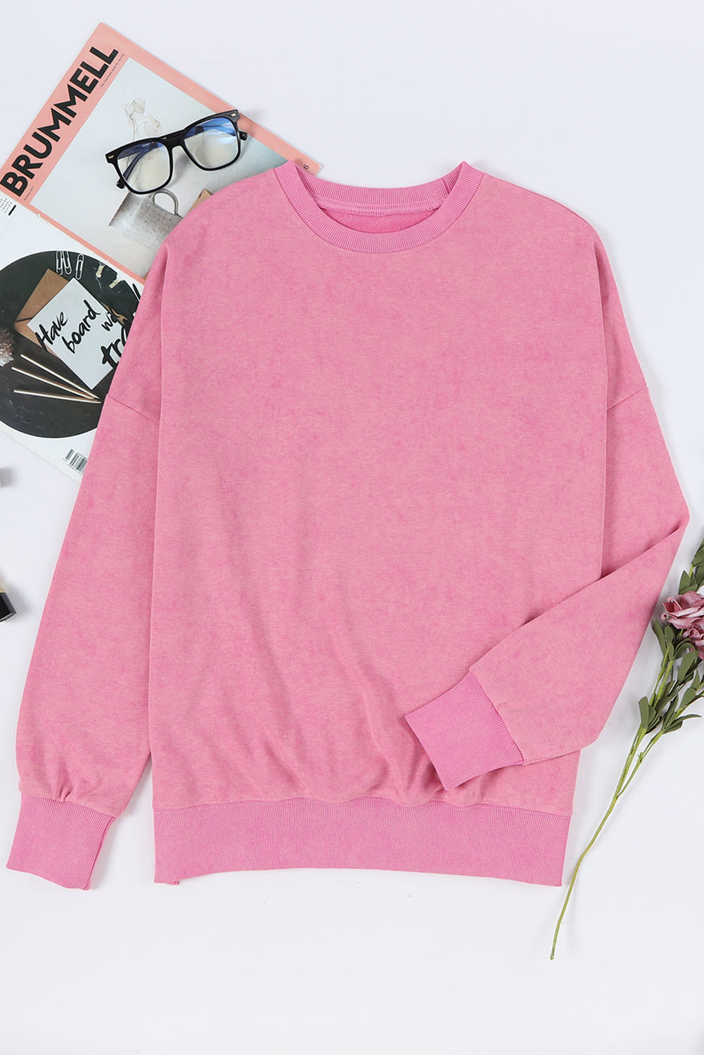 Pink Drop Shoulder Ribbed Trim Oversized Sweatshirt