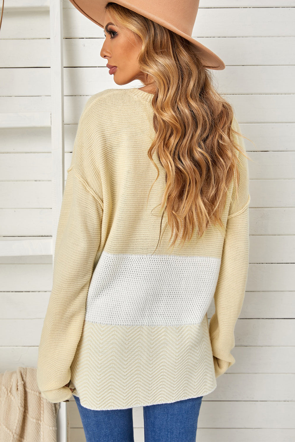 Khaki Splicing Buttoned Knitted Long Sleeve Sweater