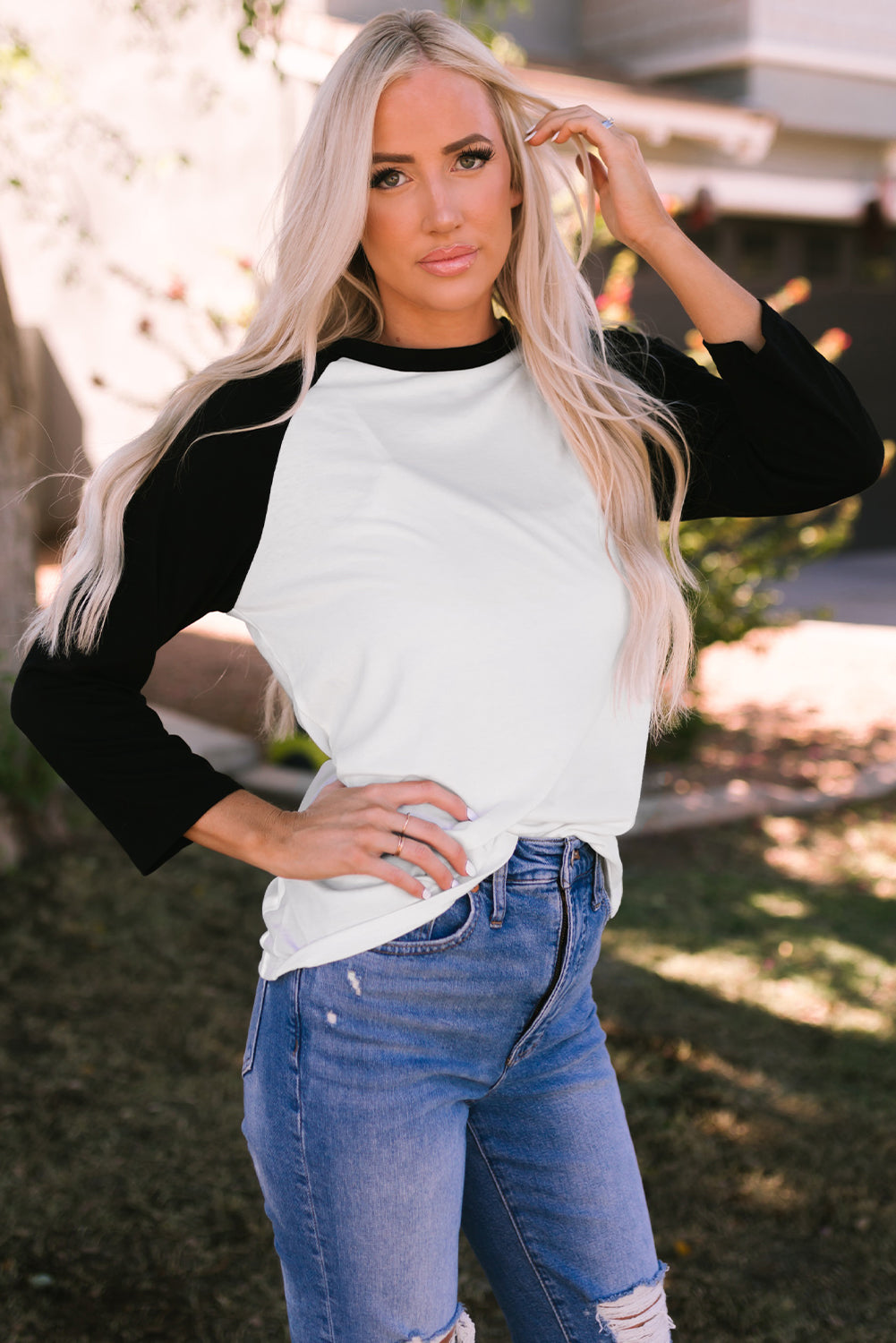 Black Color Block Raglan Sleeve Pullover Top