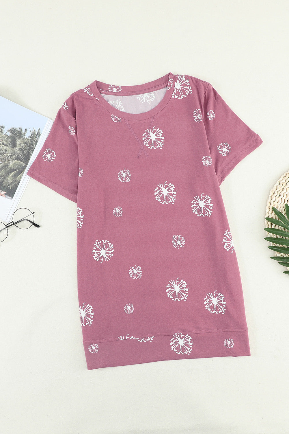 Pink Dandelion Print Crew Neck T-shirt