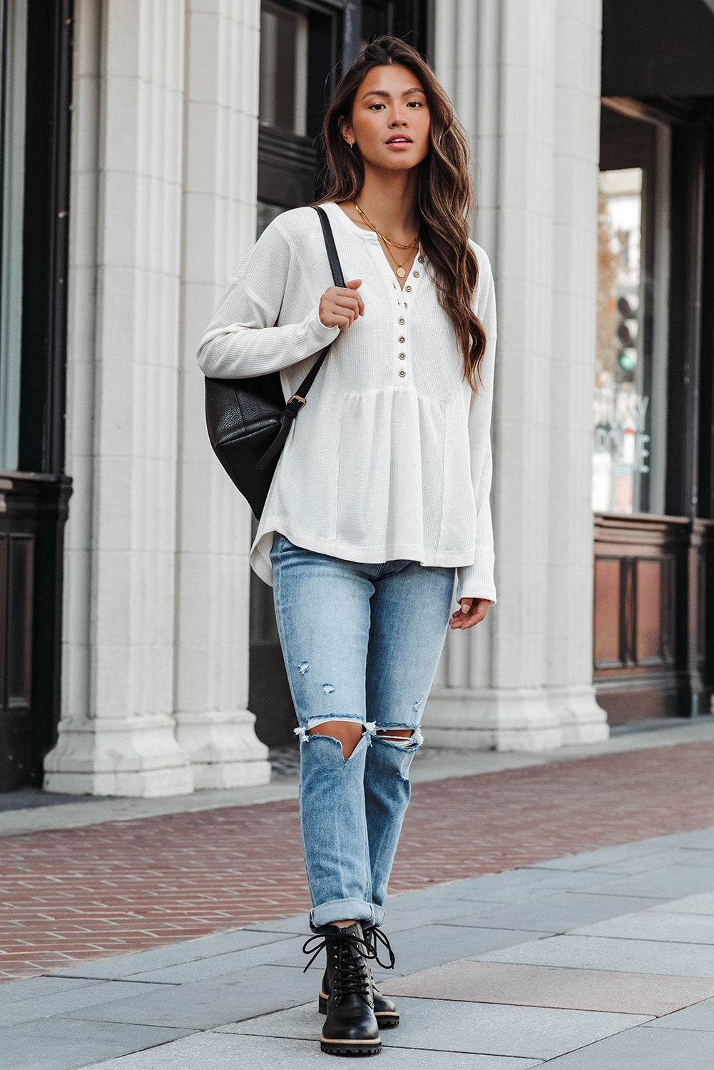 White Waffle Knit Half Button Henley Top