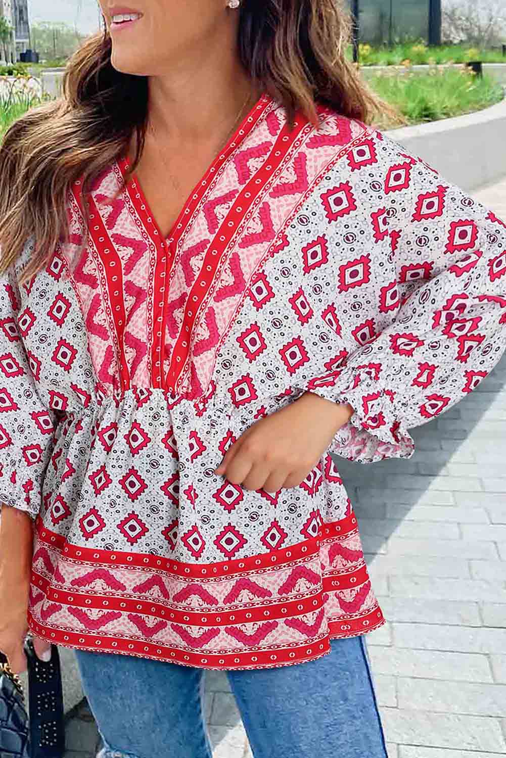 Fiery Red Geometric Print 3/4 Sleeve V-Neck Shirred Waist Flared Blouse