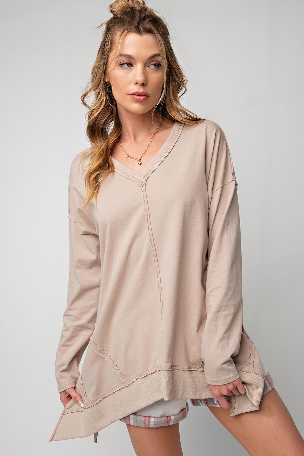 Apricot Exposed Seam V Neck Split Hem Tunic Top