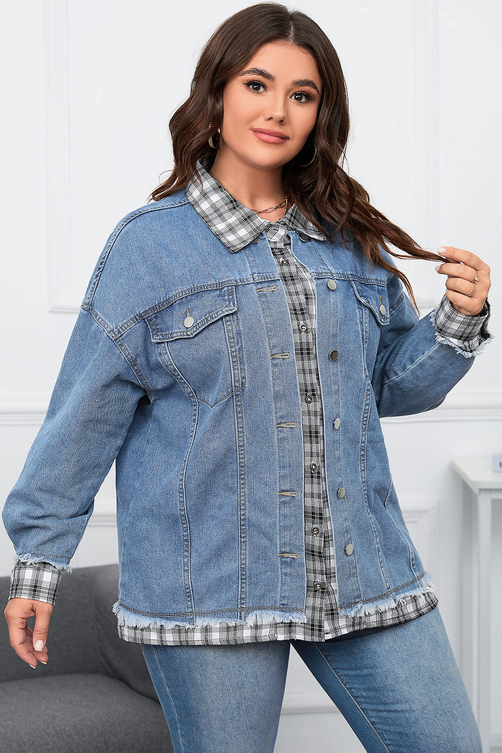 Sky Blue Plaid Hem Splicing Plus Size Denim Jacket