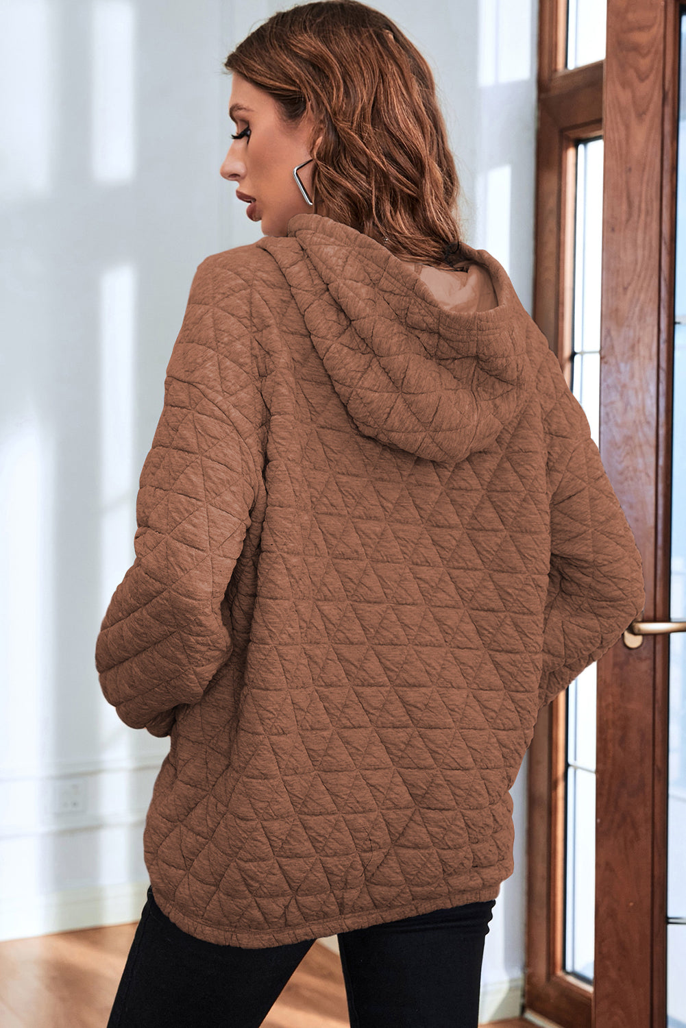 Coffee Solid Color Quilted Kangaroo Pocket Hoodie