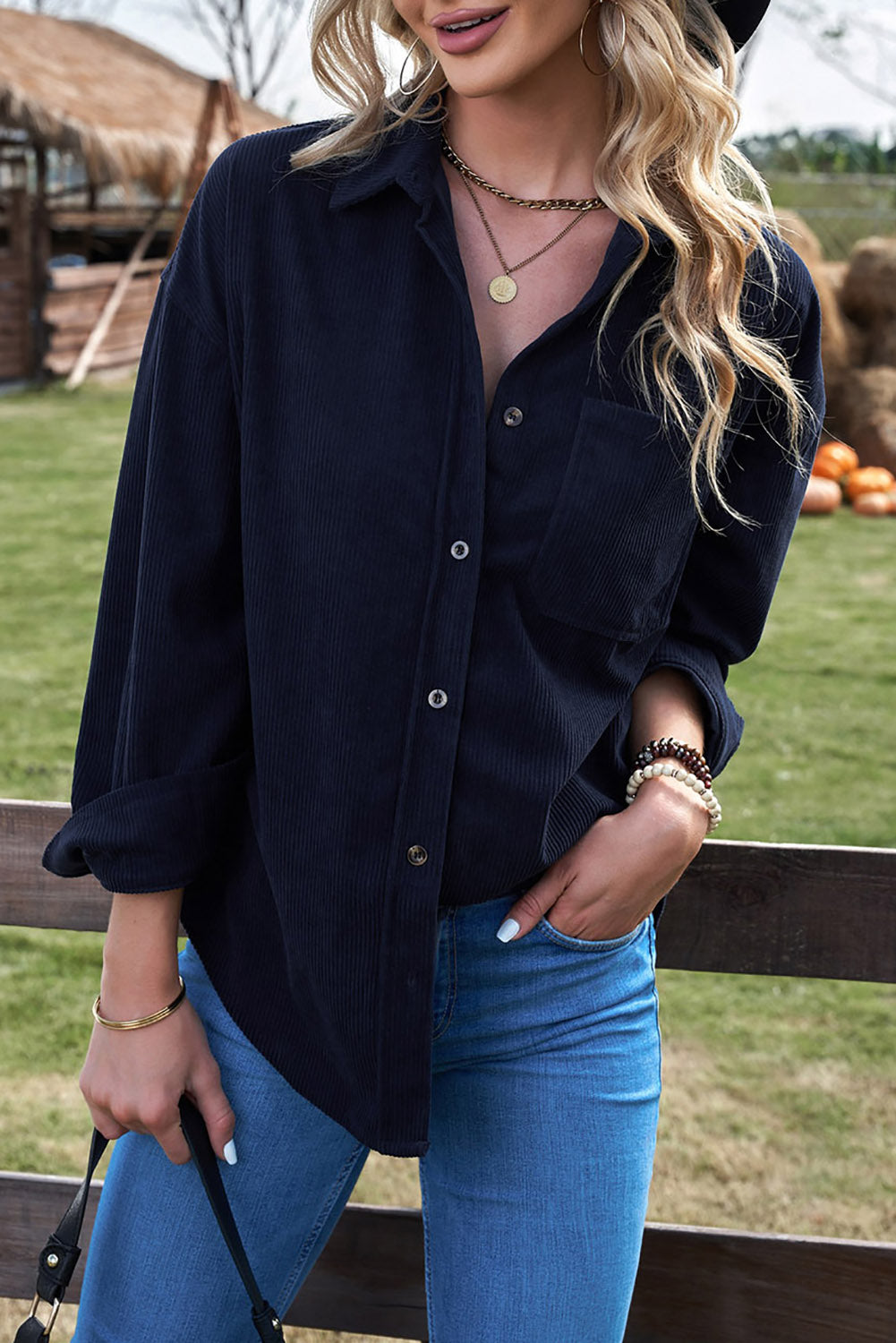 Dark Blue Corduroy Button Pocket Shirt