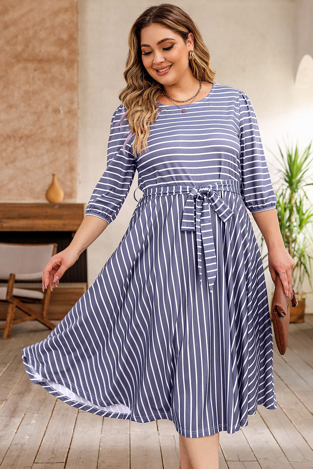 Gray Striped Tie Waist 3/4 Sleeve Plus Size Dress