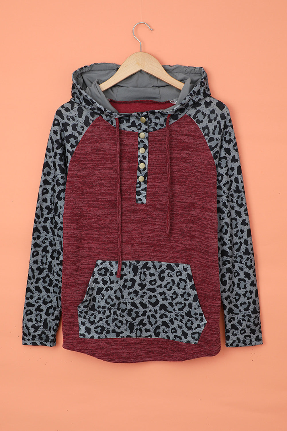 Color Block Leopard Long Sleeves Wine Hoodie