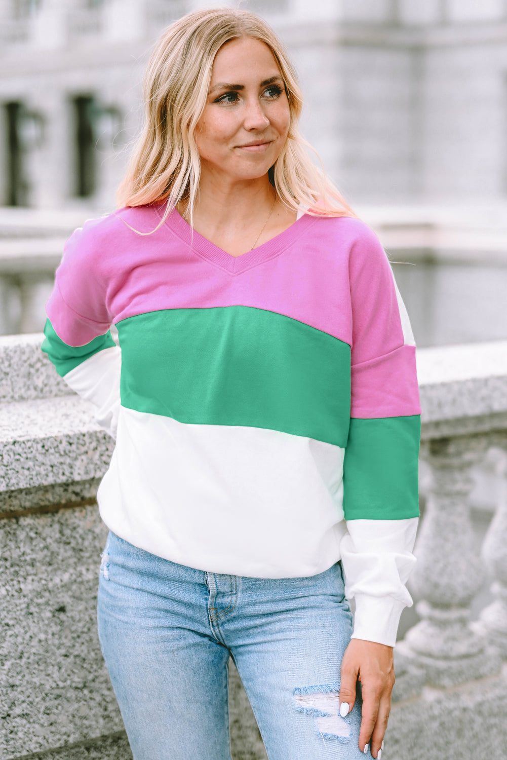 Pink Ribbed V Neck Color Block Patchwork Sweatshirt