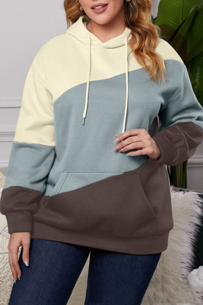 Green Sky Blue Colorblock Kangaroo Pocket Plus Size Hoodie