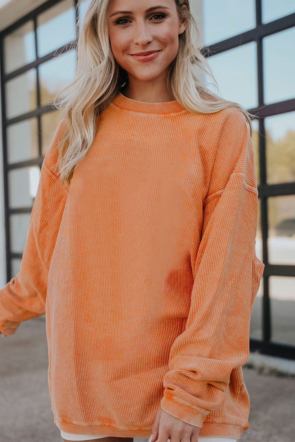 Orange Ribbed Corded Oversized Sweatshirt