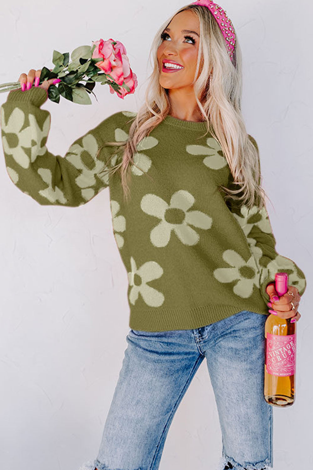 Spinach Green Big Flower Knit Ribbed Trim Sweater