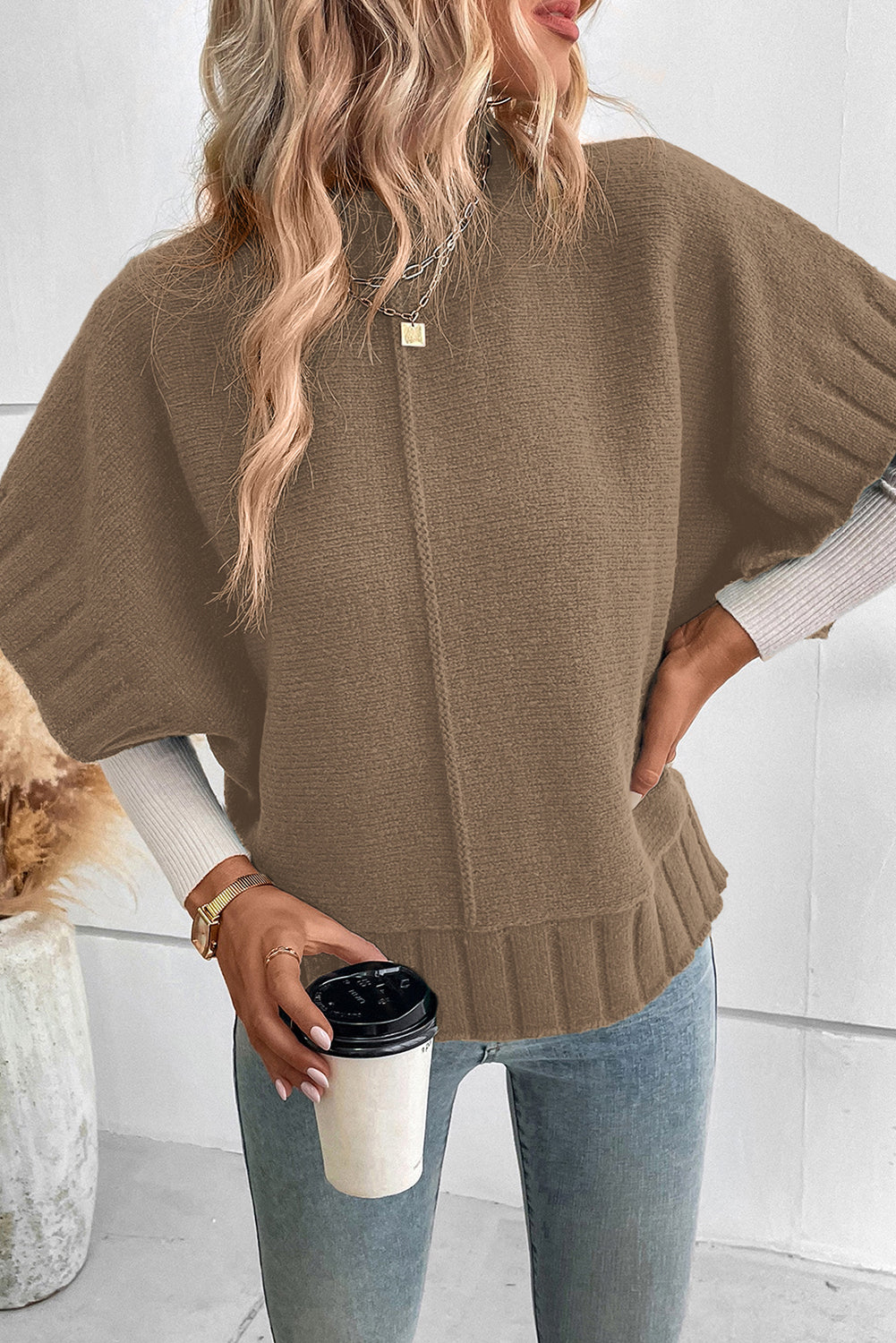 Desert Palm Mock Neck Batwing Short Sleeve Knit Sweater