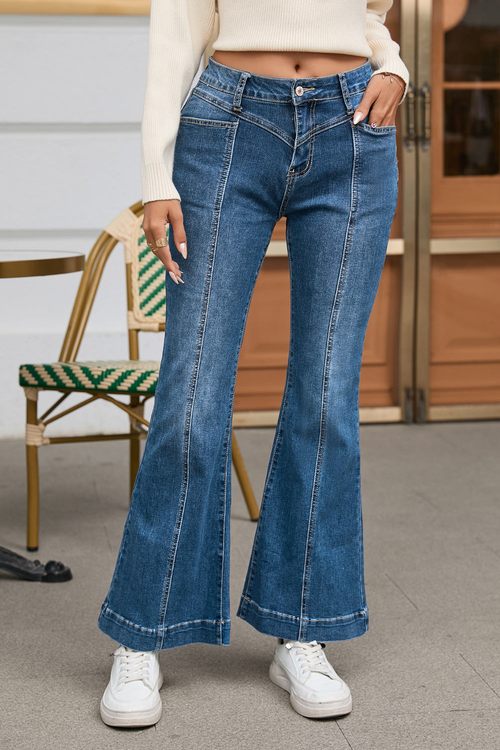 Blue High Waist Seam Stitching Pocket Flare Jeans