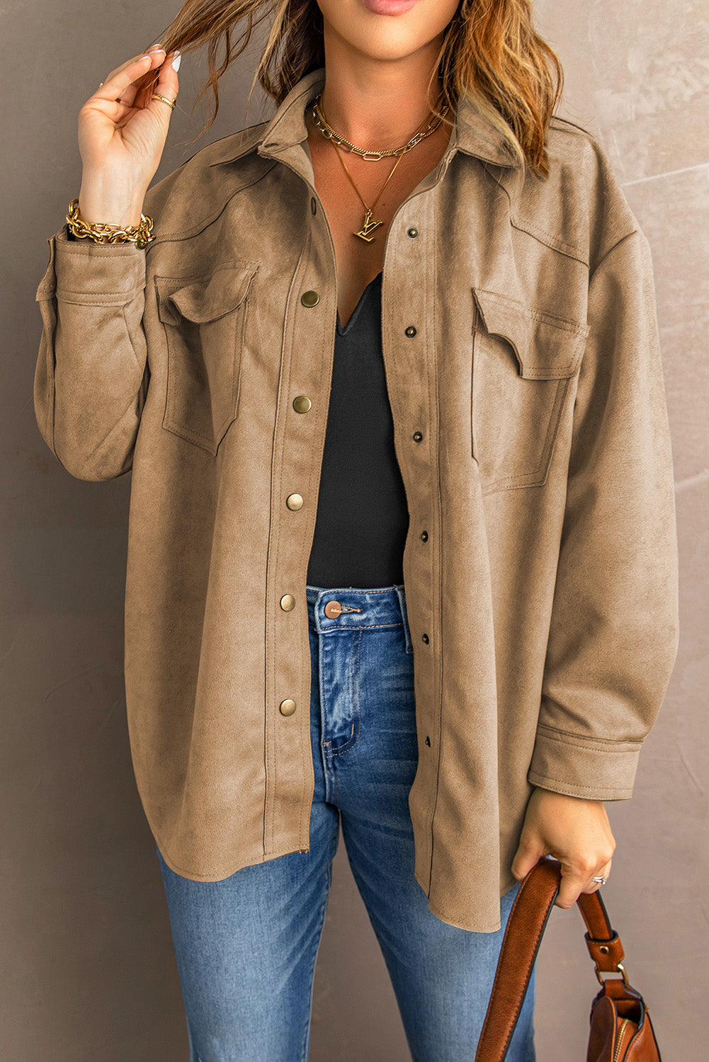 Khaki Snap Button Up Suede Jacket