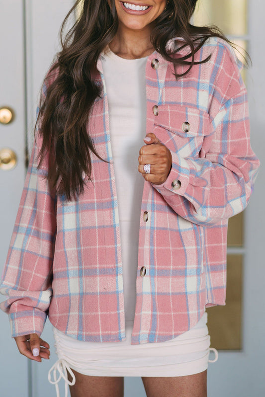 Pink Plaid Flap Pocket Flannel Shacket