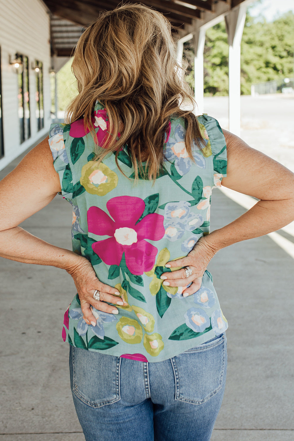 Green Floral Print Ruffle Trim Tank Top