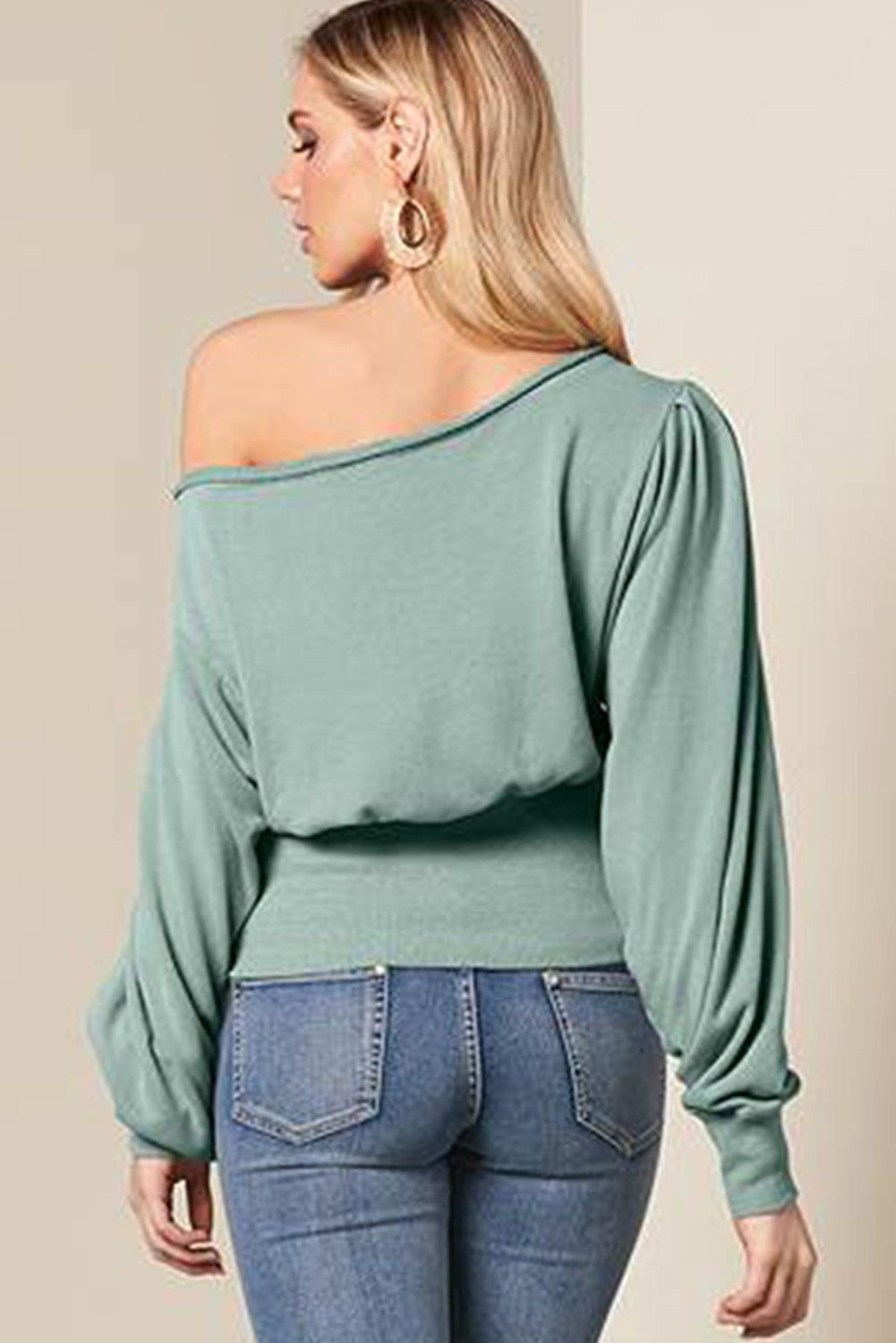 Green Off Shoulder Bishop Sleeve Cinched Waist Blouse