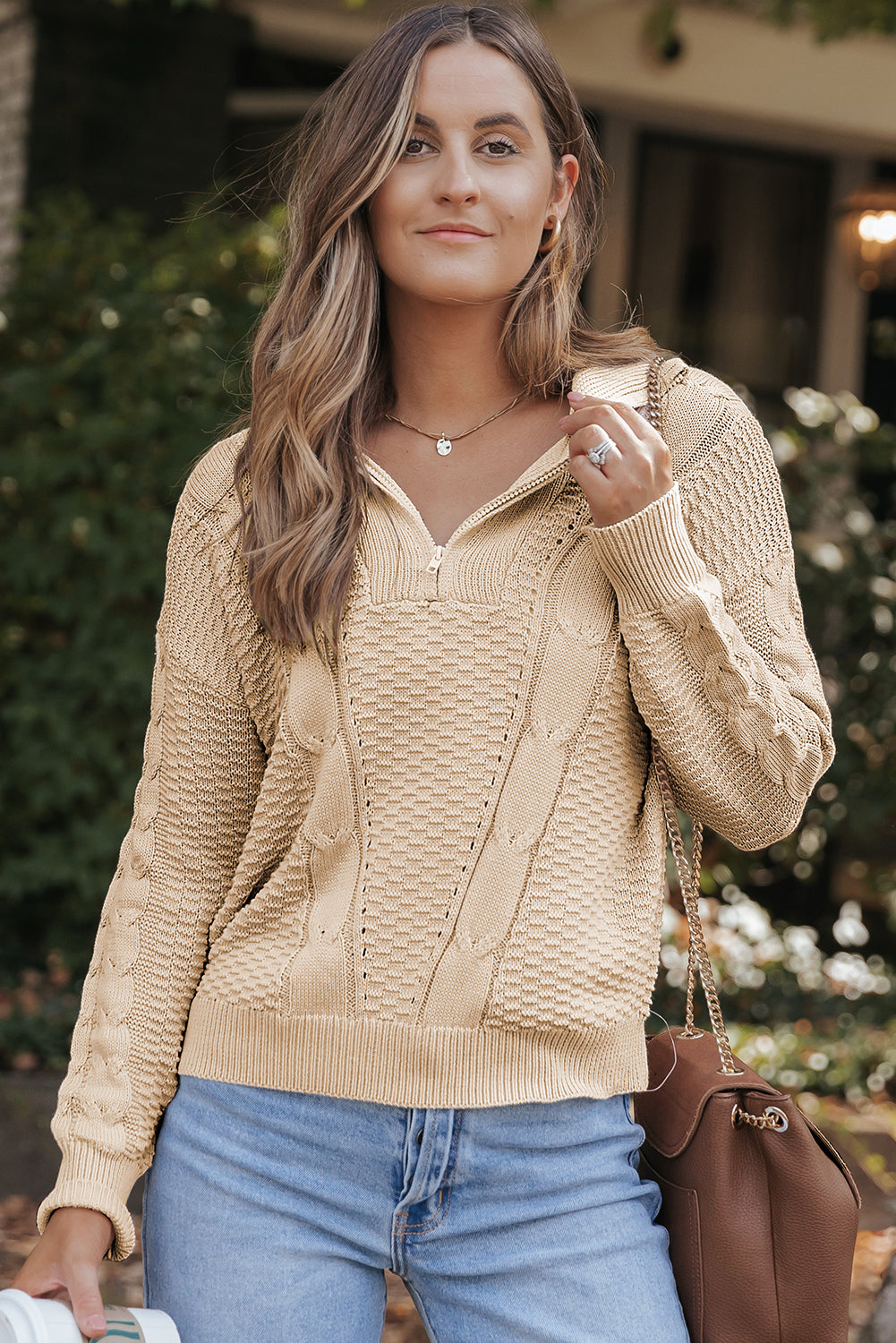 Apricot Zipped Stand Collar Cable Knit Sweater