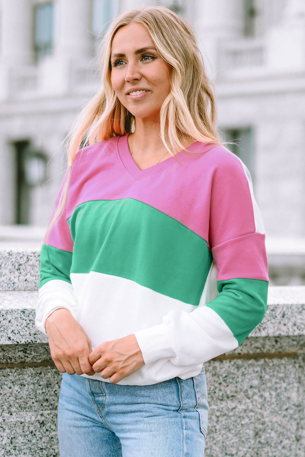 Pink Ribbed V Neck Color Block Patchwork Sweatshirt