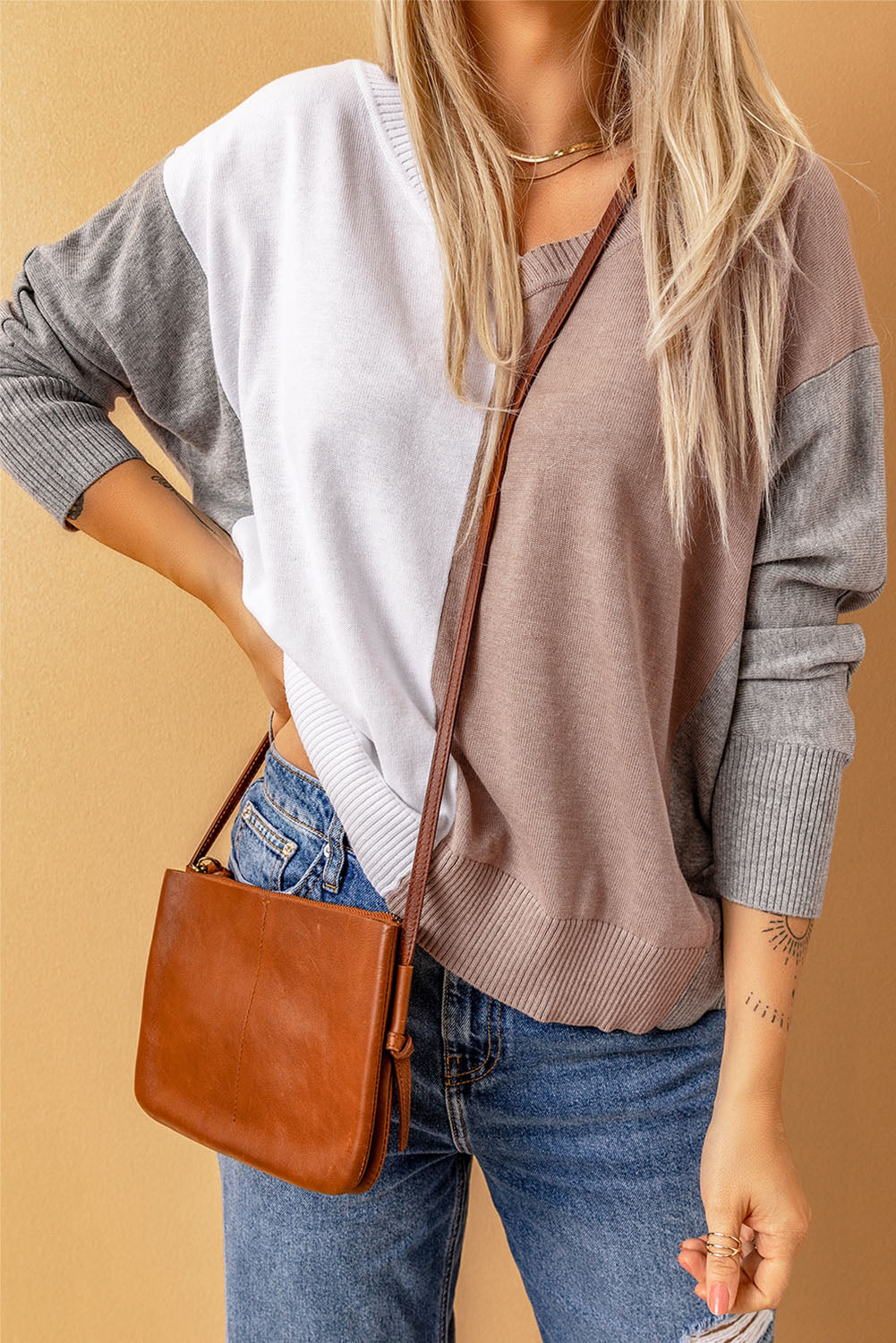 Apricot V-neck Color Block Loose Sweater