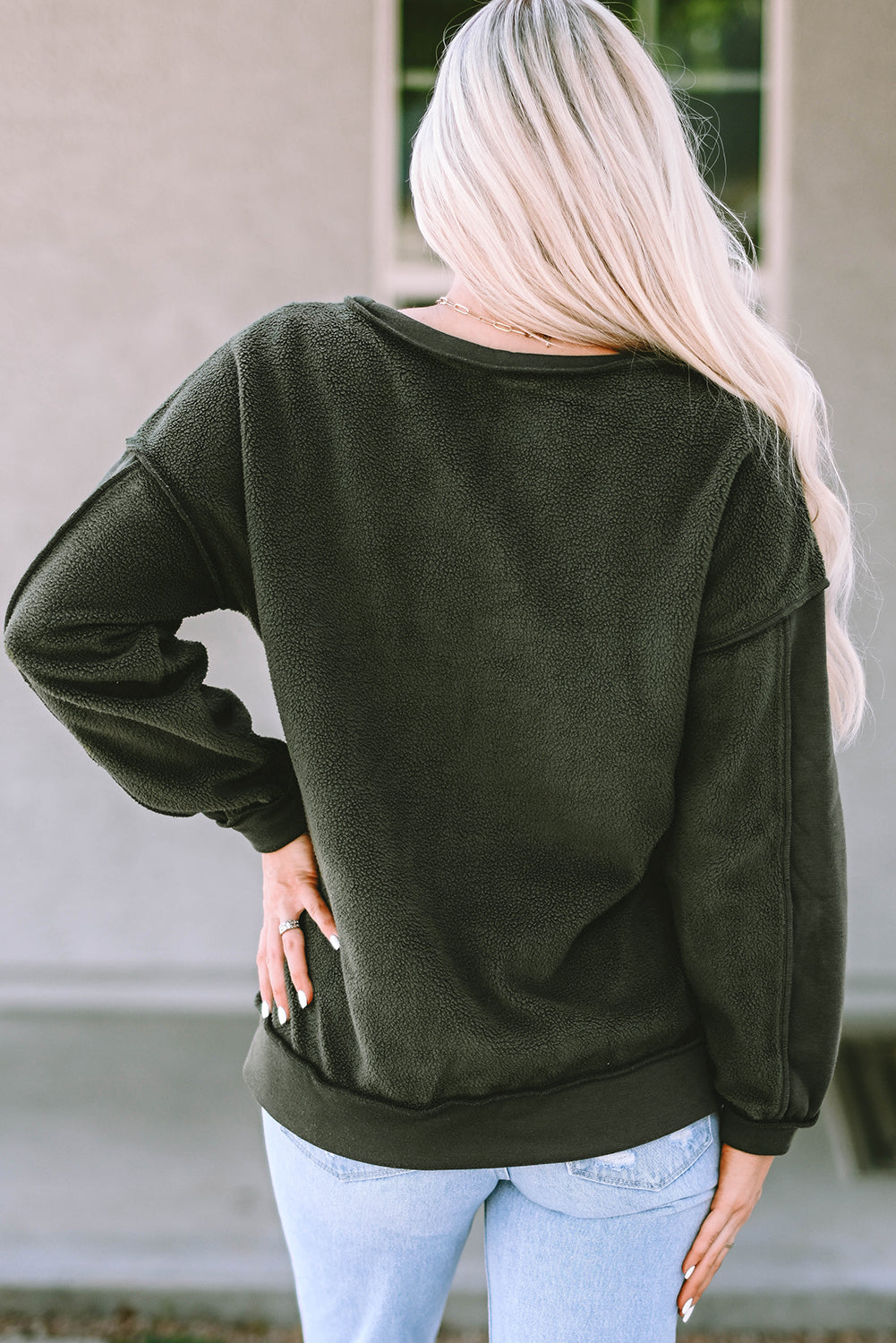 Green Expose Seam Detail Split Neck Long Sleeve Top