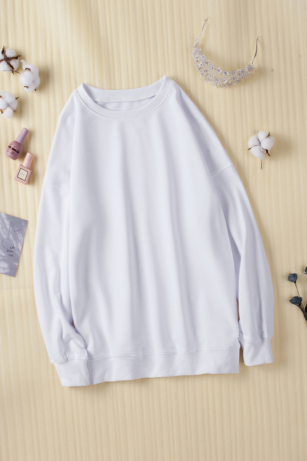 White Oversized Solid Drop Shoulder Sweatshirt