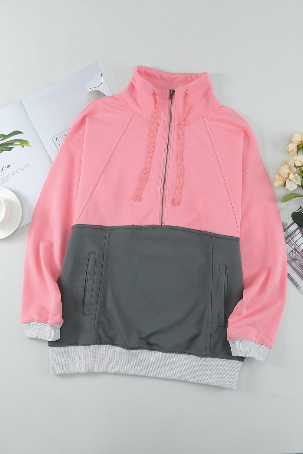 Pink Zipped Colorblock Sweatshirt with Pockets