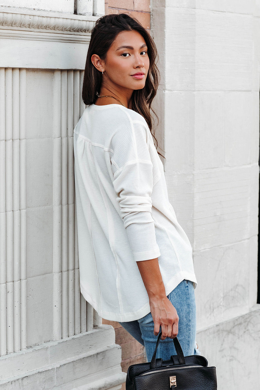 White Waffle Knit Half Button Henley Top