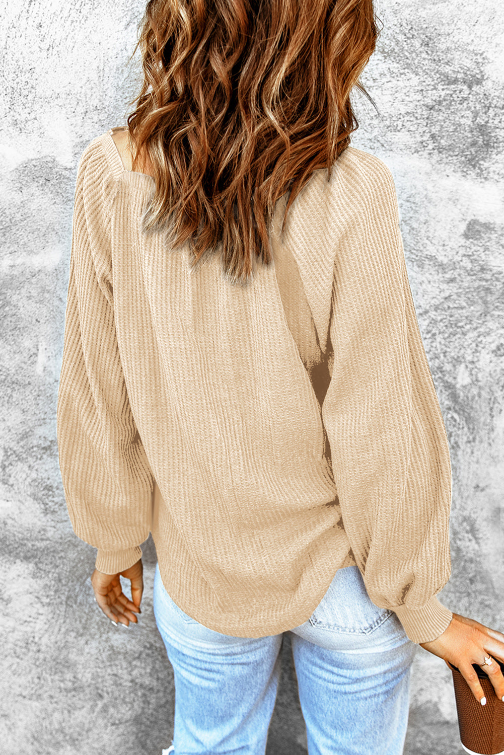 Apricot Scoop Neck Puff Sleeve Waffle Knit Top