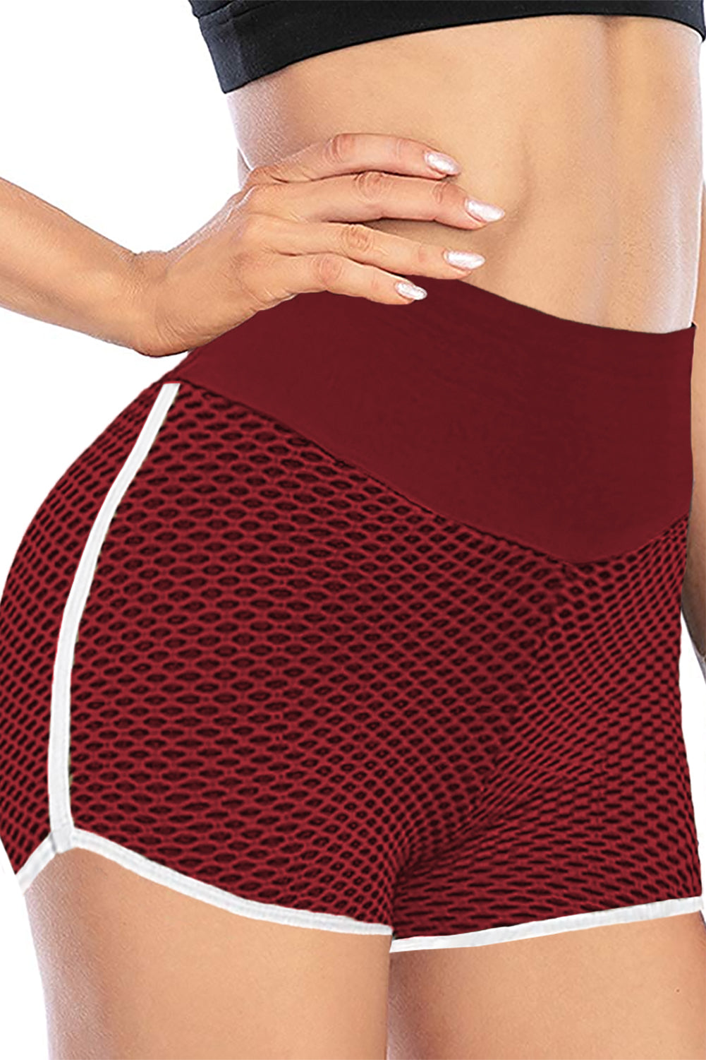 Burgundy High Waist Honeycomb Contrast Stripes Butt Lifting Yoga Shorts