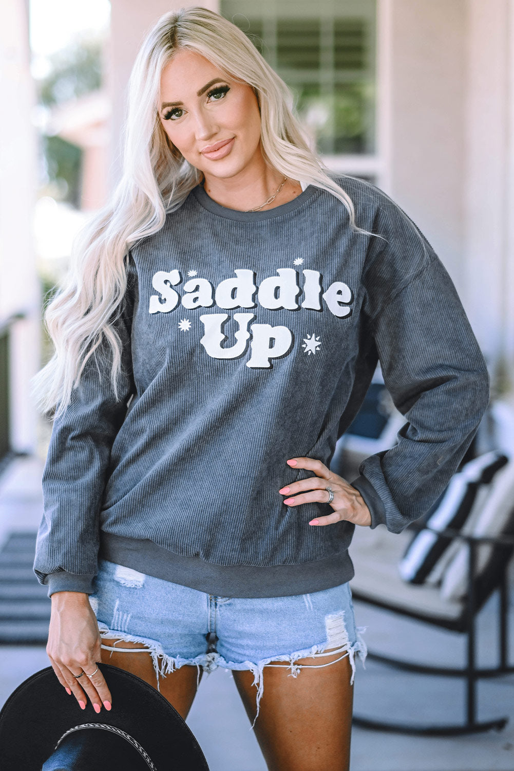 Gray Saddle Up Corded Graphic Sweatshirt