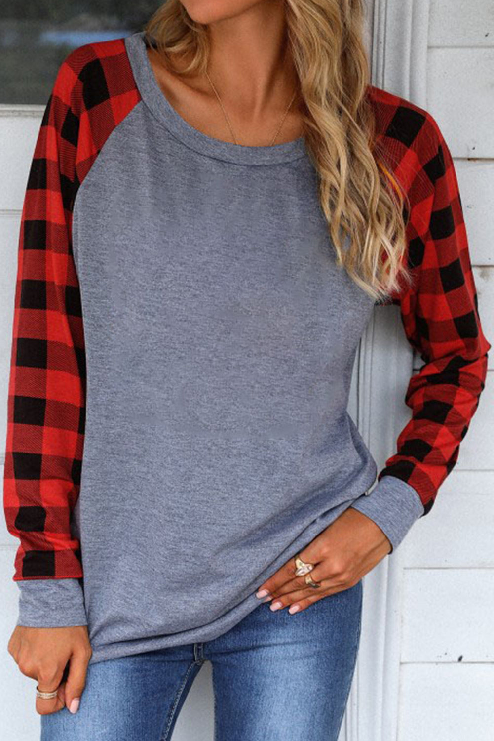 Fiery Red Plaid Raglan Long Sleeve Top