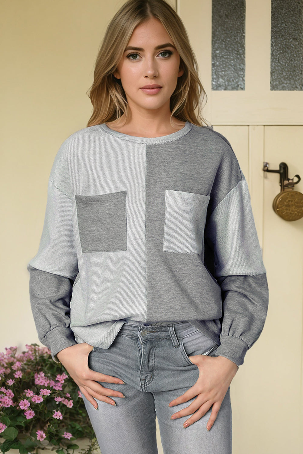 Gray Contrast Patchwork Double Chest Pocket Top