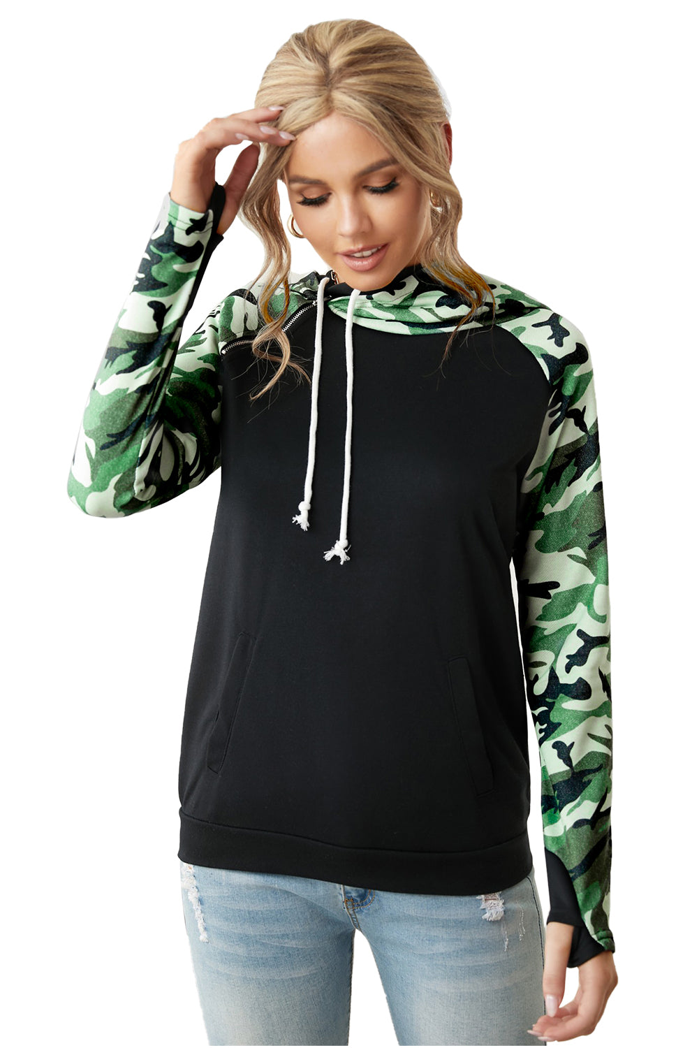 Camouflage Print Raglan Sleeve Hoodie