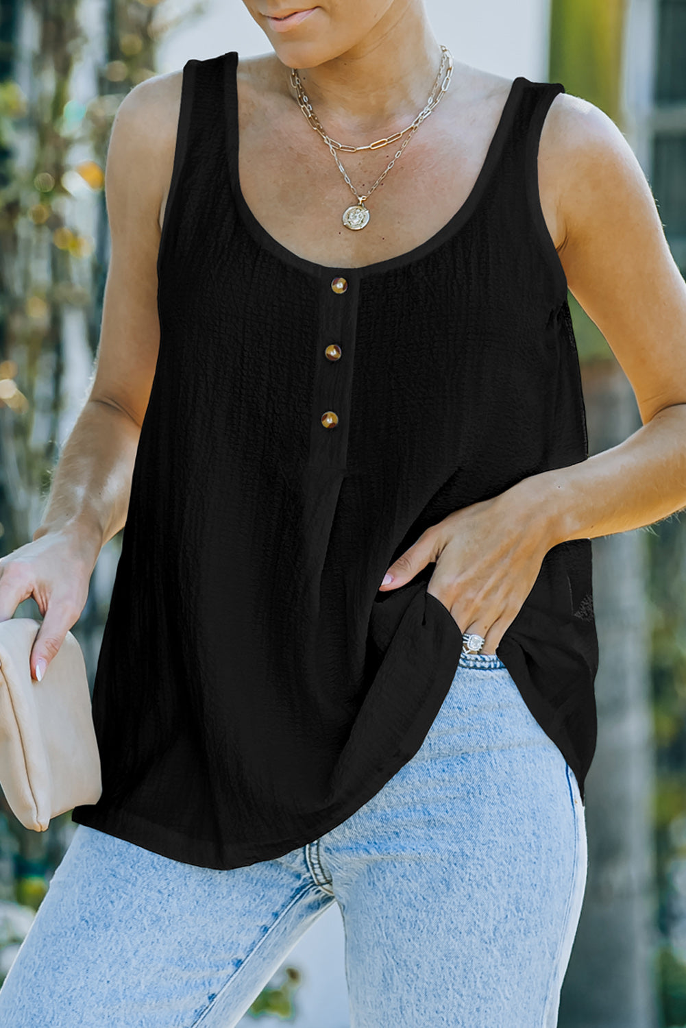 Black Button Textured Tank Top