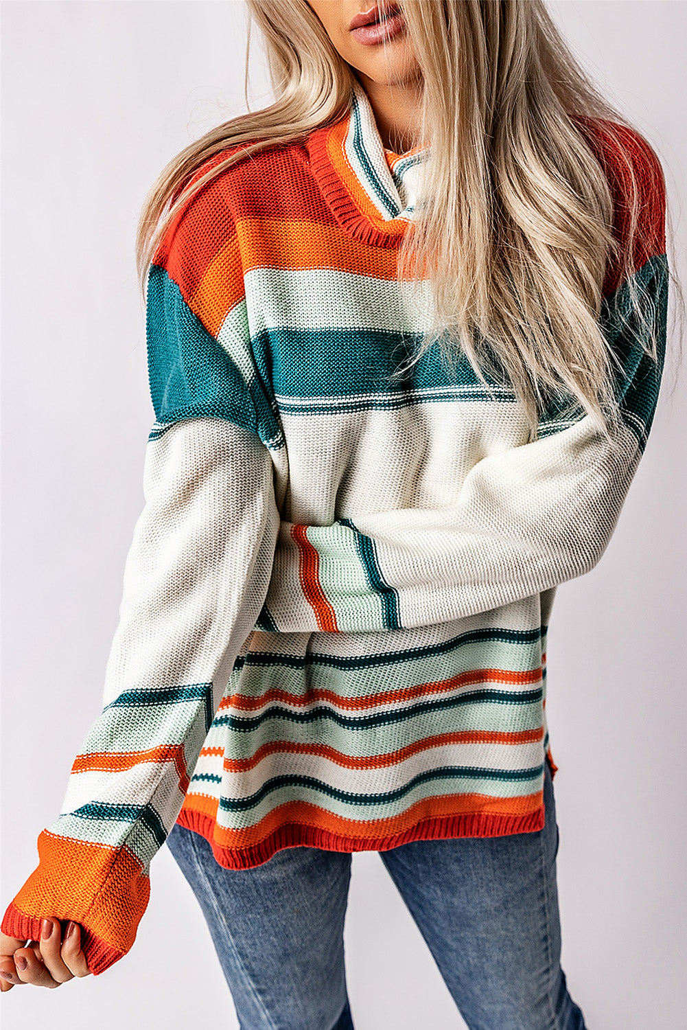 Color Block Cowl Neck Knit Sweater