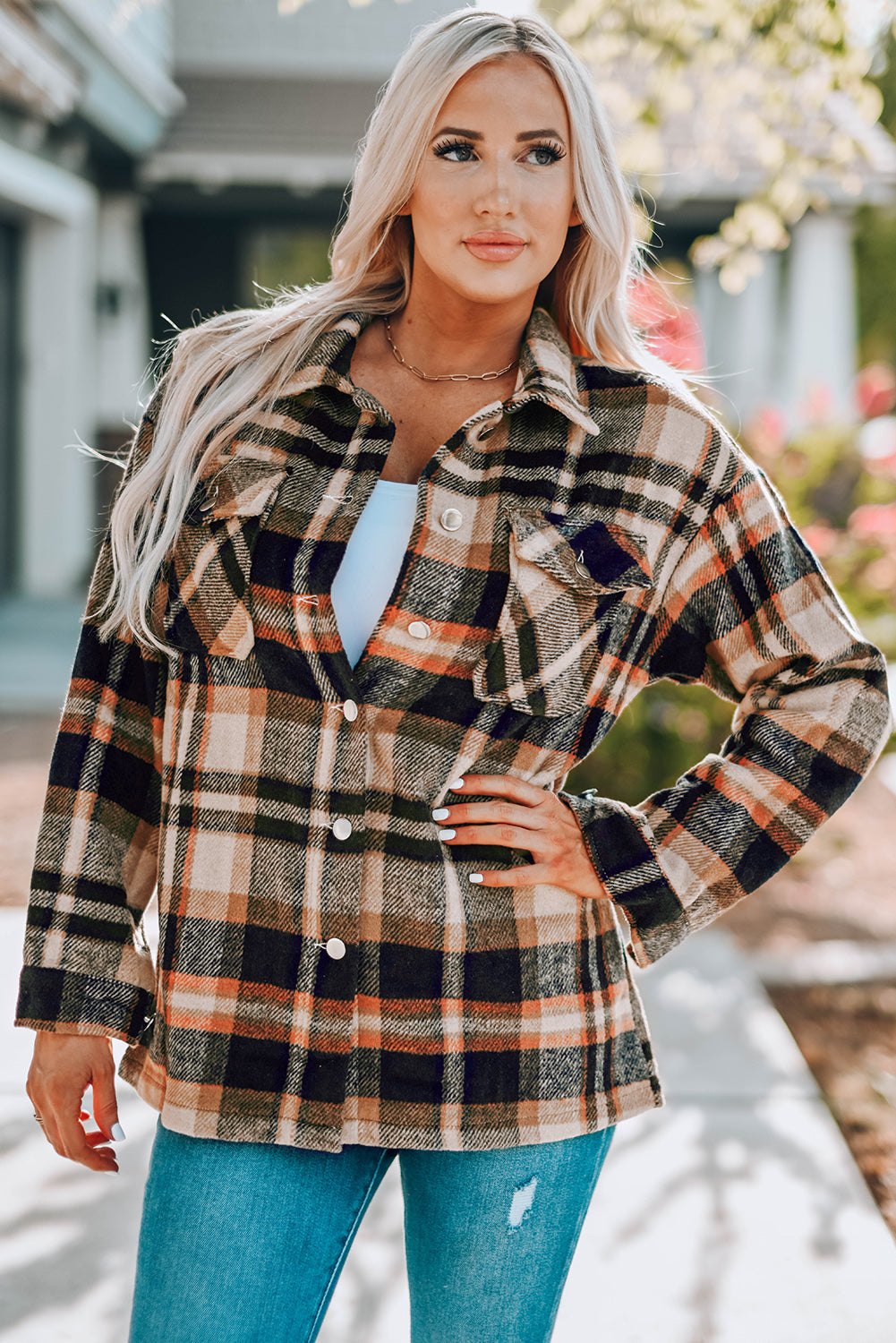 Orange Geometric Plaid Print Pocketed Shacket