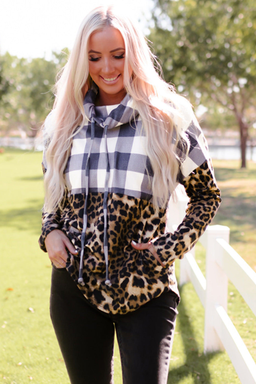 Leopard Plaid Patchwork Cowl Neck Sweatshirt