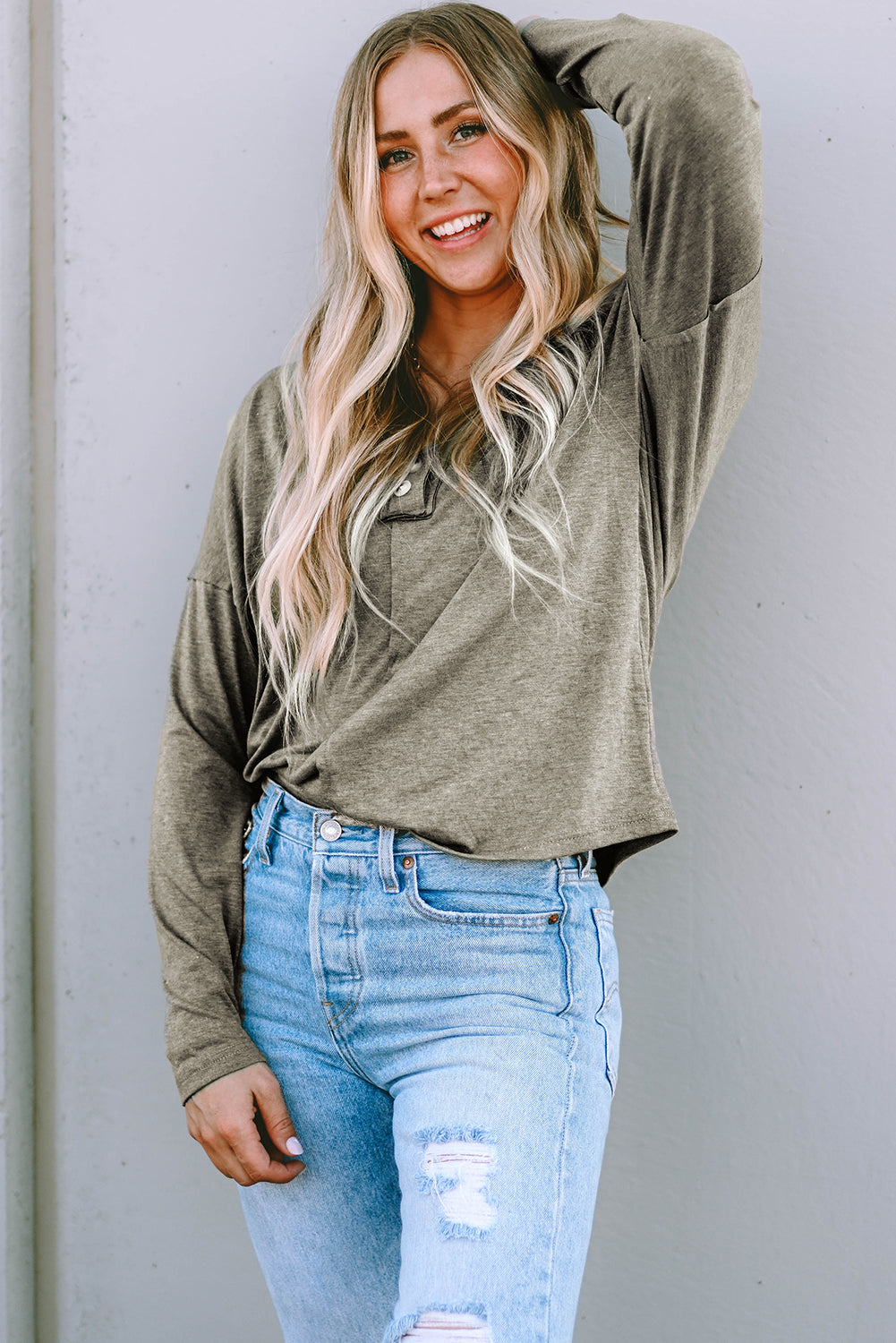 Khaki Long Sleeve V-Neck Stitching Henley Top