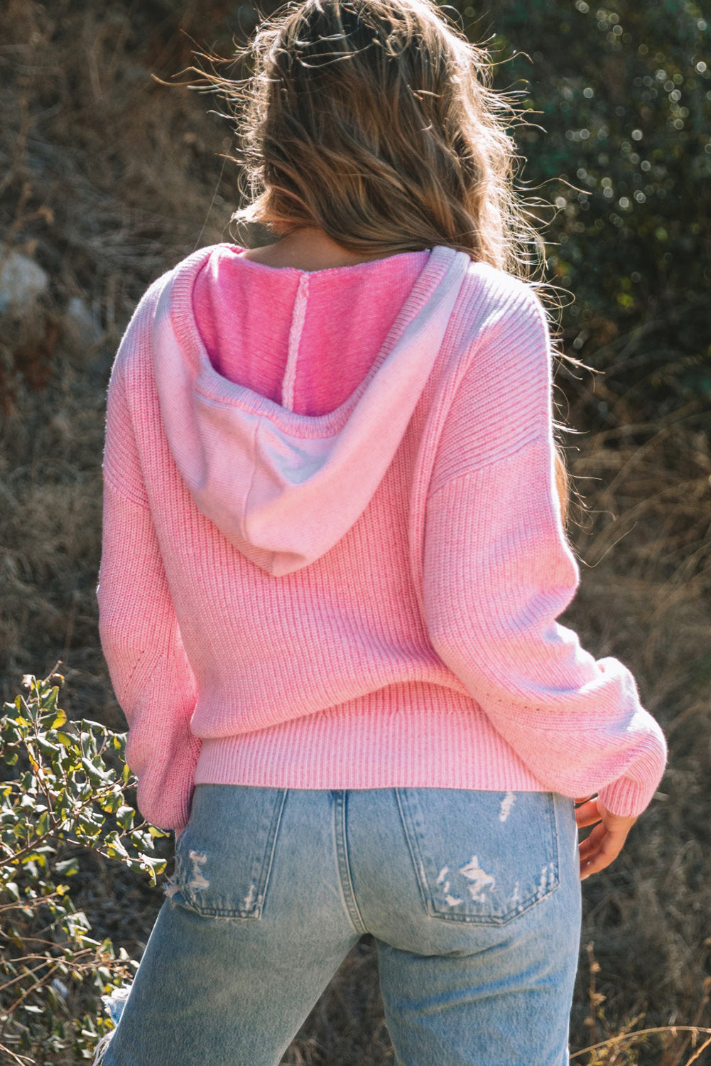 Pink Henley V Neck Hooded Sweater