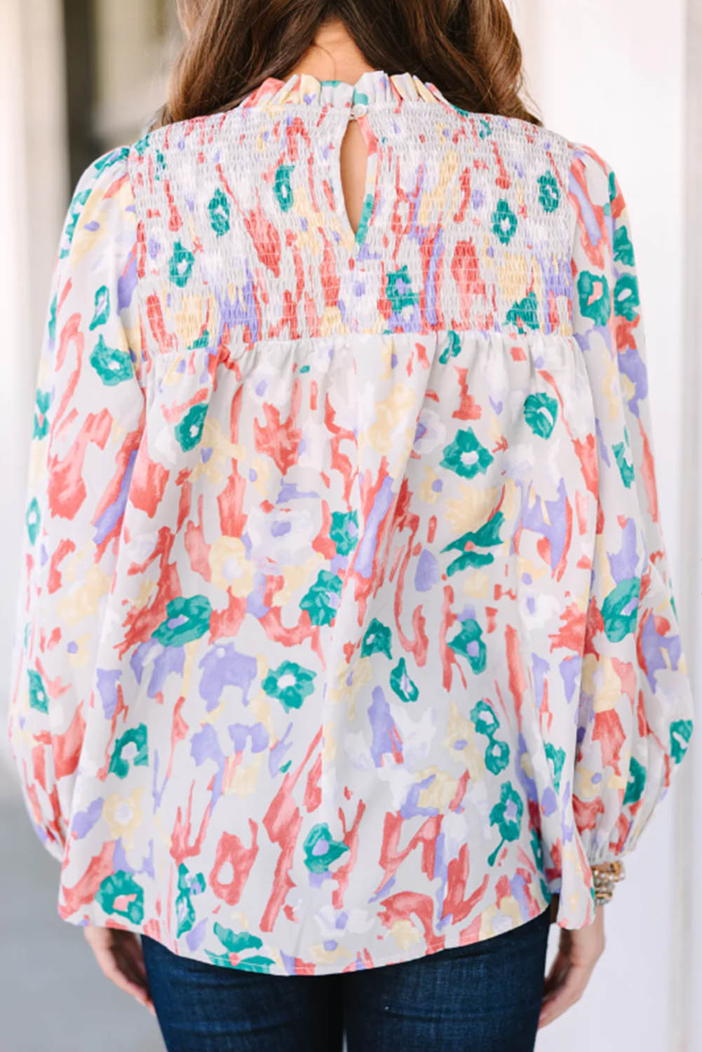 Multicolor Printed Frilled Neck Smocked Loose Blouse