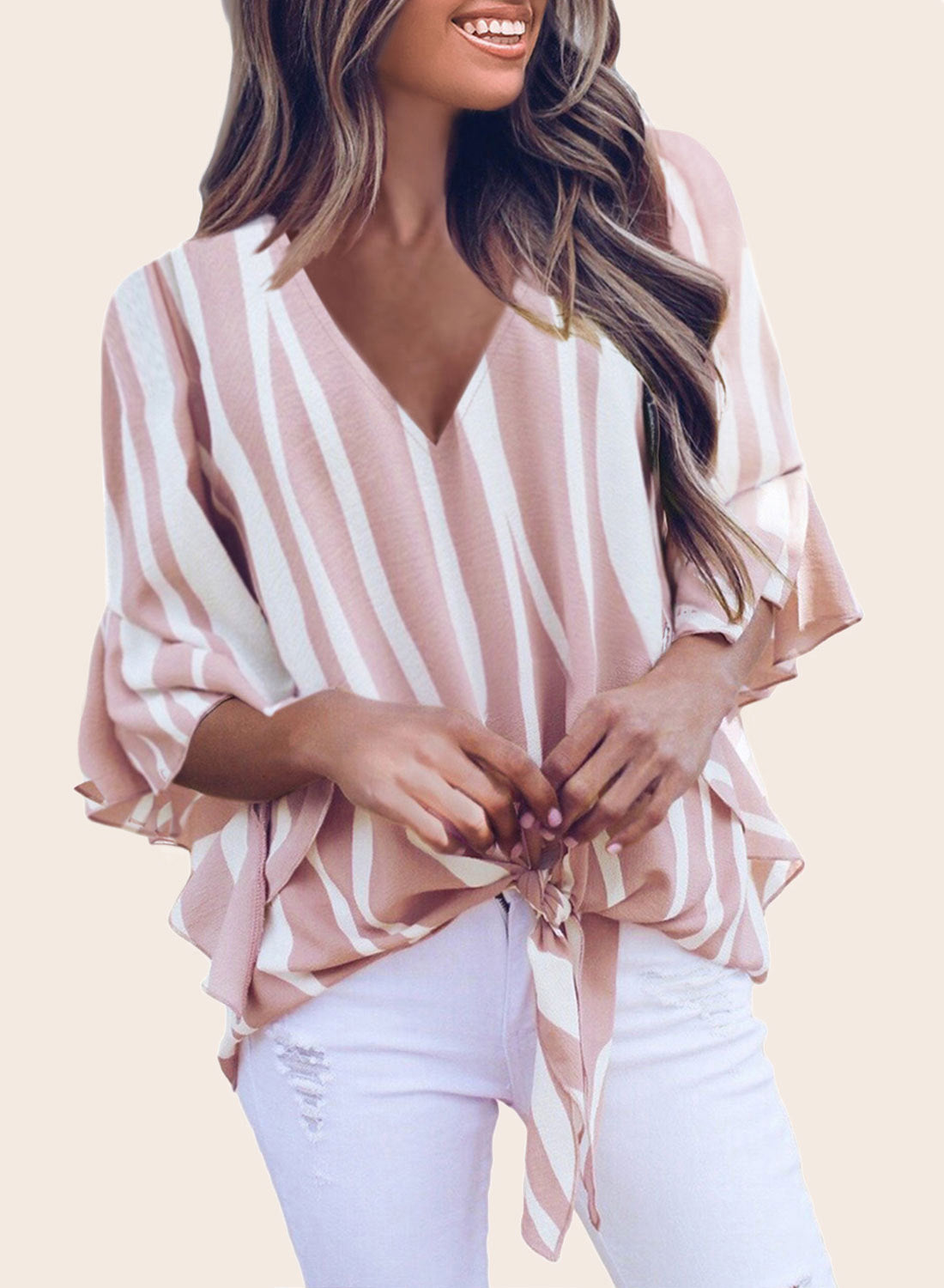 Pink Vertical Stripes V Neck 3/4 Sleeve Blouse