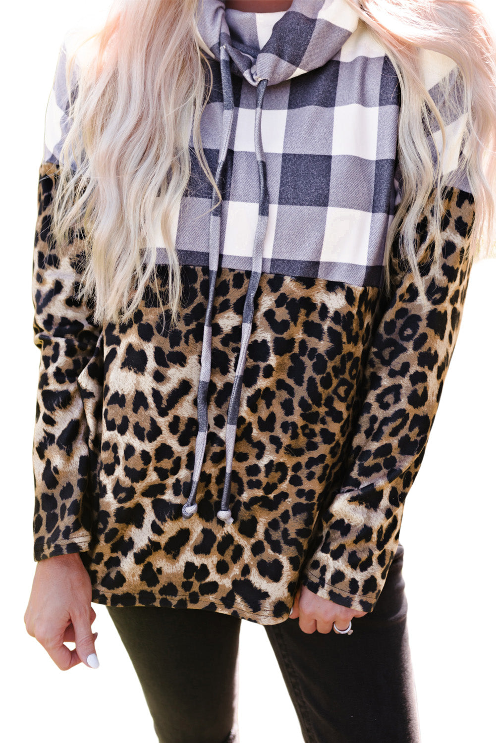 Leopard Plaid Patchwork Cowl Neck Sweatshirt