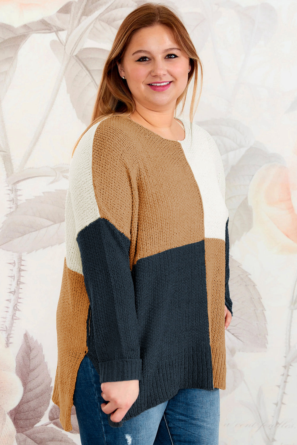 Blue Color Block Side Slit Plus Size Sweater