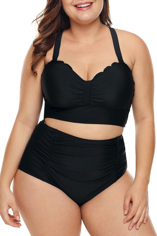 Black Plus Size Scalloped Detail High Waist Bikini Swimsuit