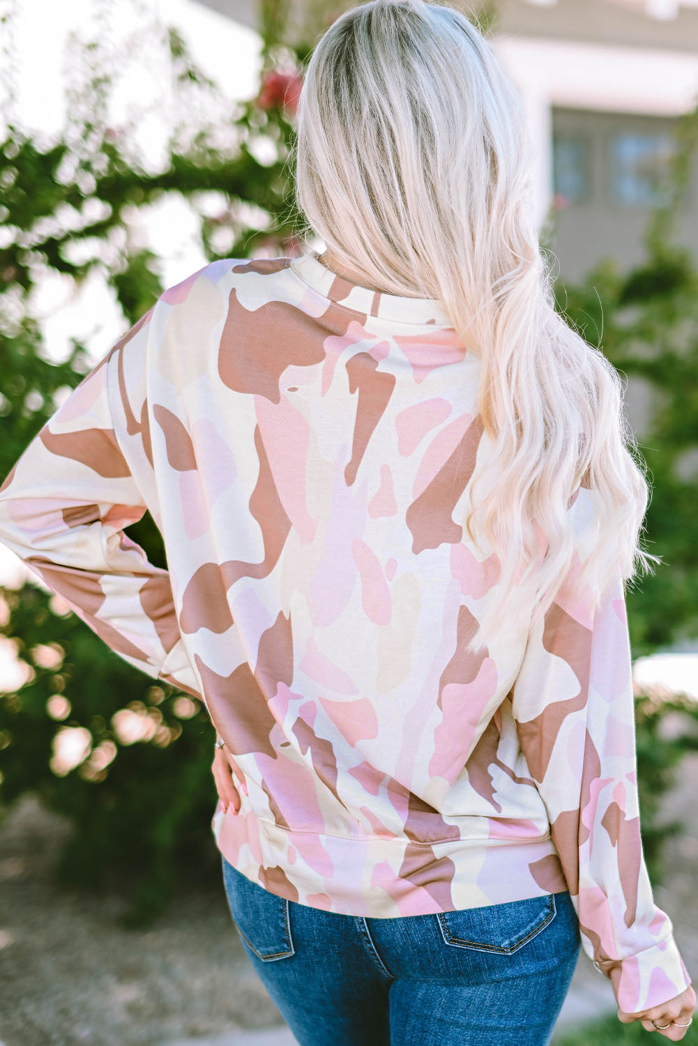 Pink Geometric Print Crewneck Pullover Sweatshirt