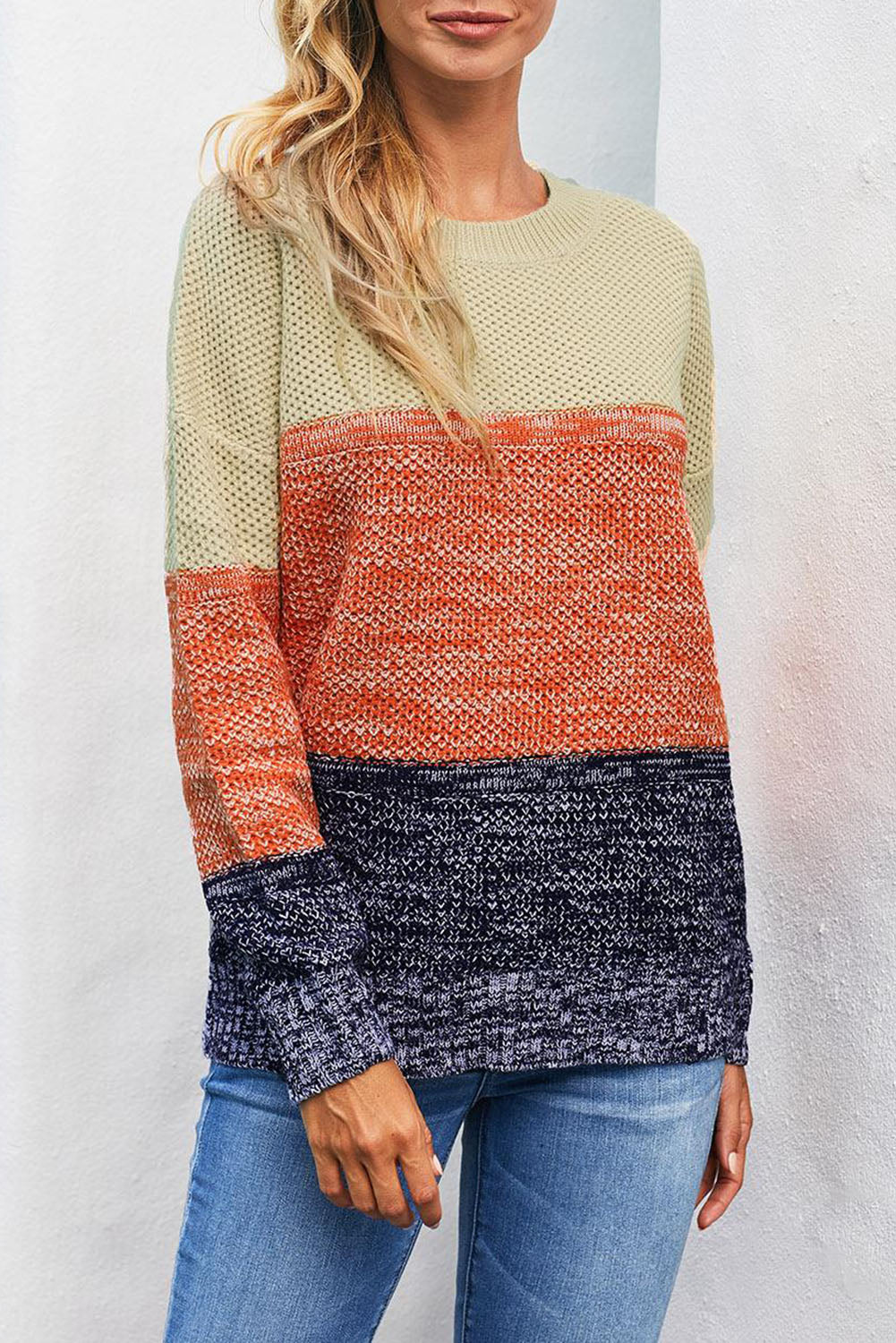 Blue Color Block Netted Texture Pullover Sweater