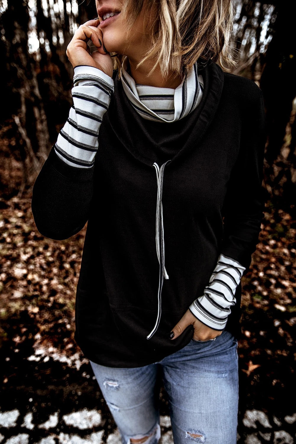 Striped Splicing High Neck Sweatshirt